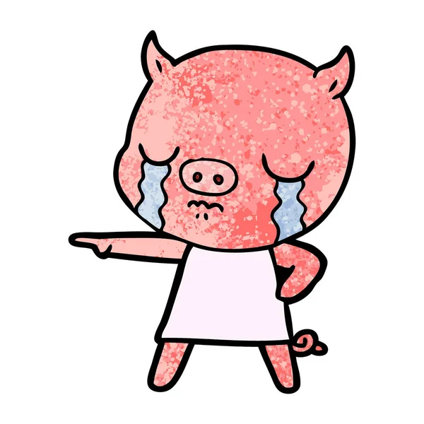Cerdo Dibujos Animados Llorando Señalando — Vector de stock