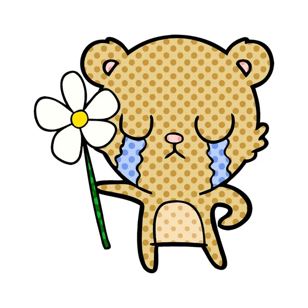 Pleurer Ours Bande Dessinée Avec Fleur — Image vectorielle