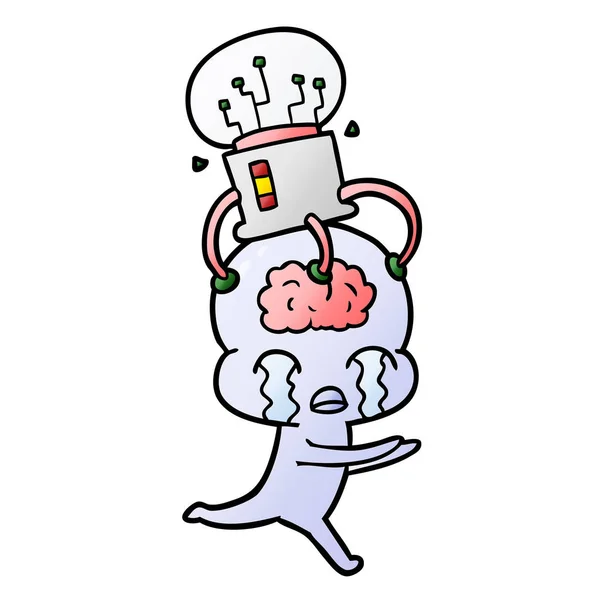 Cartone Animato Grande Cervello Alieno Piangendo Con Interfaccia Cervello — Vettoriale Stock