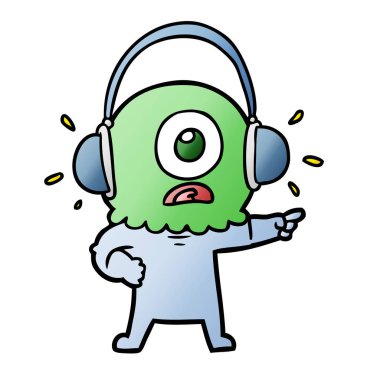 Tepegöz'ü yabancı uzay adamı giyen kulaklık işaret eden karikatür