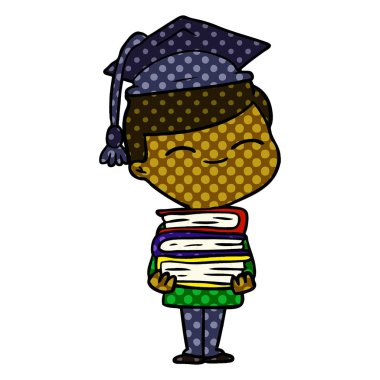 karikatür kitap yığını ile boy gülümseyerek