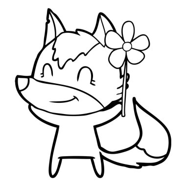 Dostu karikatür kurt ile çiçek