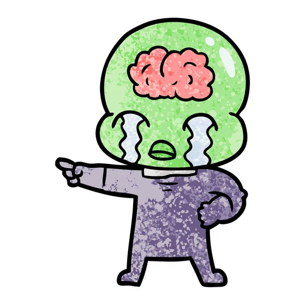 Dessin Animé Grand Cerveau Alien Pleurer Pointant — Image vectorielle