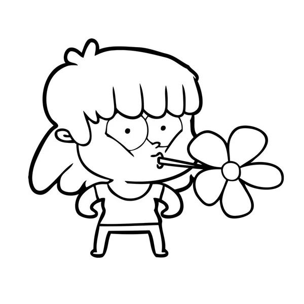 Dziewczyna Kreskówka Kwiat Ustach — Wektor stockowy