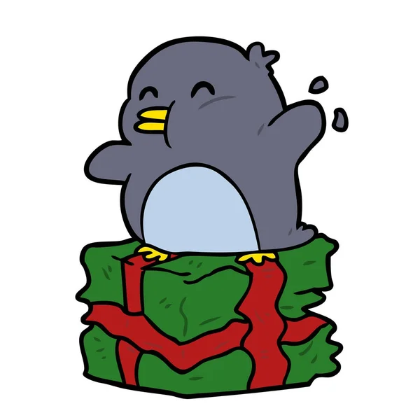 Cartoon Pinguin Auf Verpacktem Geschenk — Stockvektor