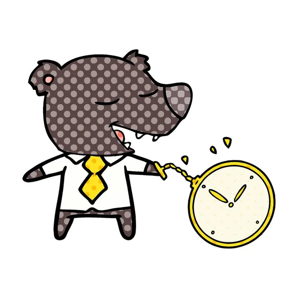 Мультяшний Ведмідь Сорочці Краватці Тримає Годинник — стоковий вектор