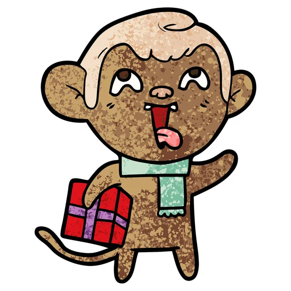 Loco Mono Dibujos Animados Con Regalo Navidad — Vector de stock