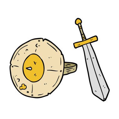 çizgi film eski gladyatör kalkanı ve kılıcı