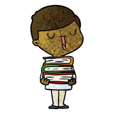 kitap yığını ile karikatür mutlu çocuk