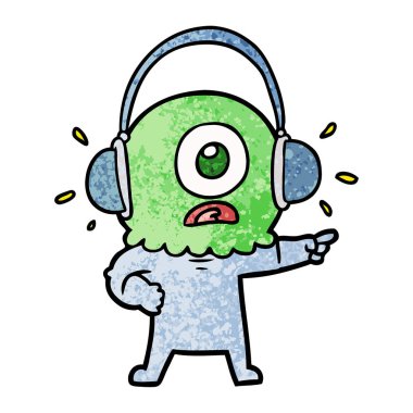 Tepegöz'ü yabancı uzay adamı giyen kulaklık işaret eden karikatür