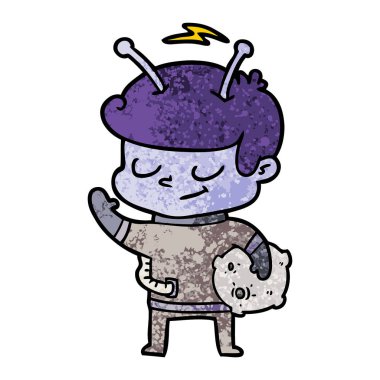 Dostu karikatür spaceman holding meteor
