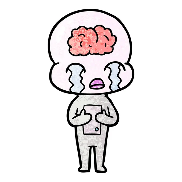 Cartoon Big Brain Alien Crying — Stock Vector