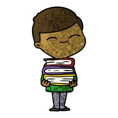 karikatür kitap yığını ile boy gülümseyerek