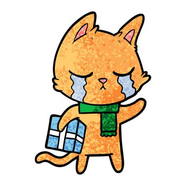 Noel hediyesi tutan ağlayan karikatür kedi