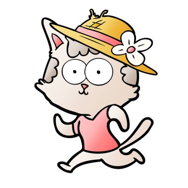 şapkayla koşu mutlu karikatür kedi