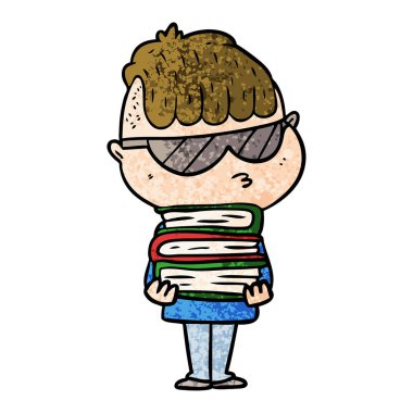 çizgi film çocuk kitap yığını ile güneş gözlüğü takıyor