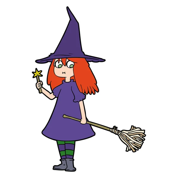 Cartoon Witch Girl Broom — Stock Vector