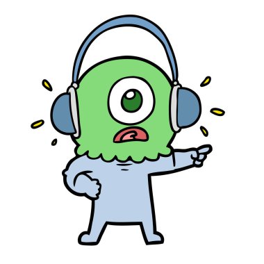 Tepegöz'ü yabancı uzay adamı giyen kulaklık işaret eden karikatür