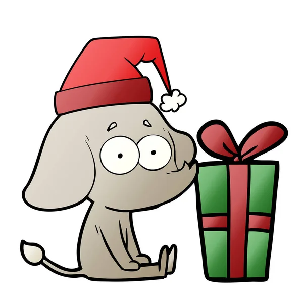 Cartoon Unsure Elephant Sat Floor Christmas Present — Stock Vector