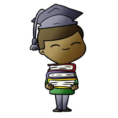 karikatür kitap yığını ile boy gülümseyerek