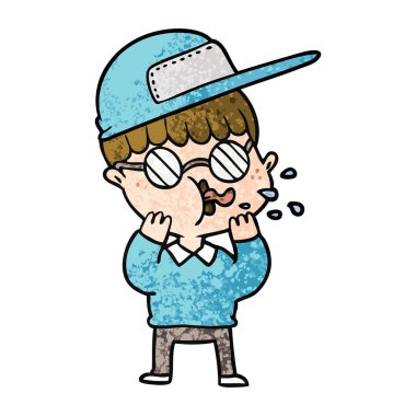 gözlük ve şapka giyen çizgi film çocuk