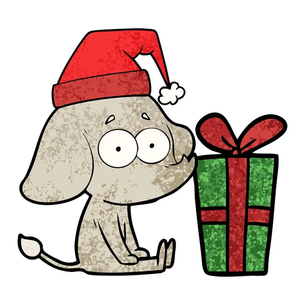 Cartoon Unsure Elephant Sat Floor Christmas Present — Stock Vector