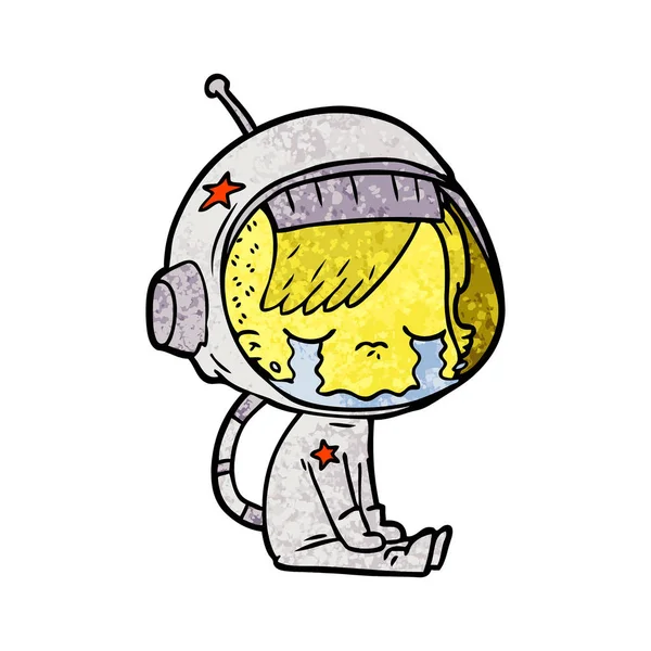 Dibujos Animados Llorando Astronauta Chica Sentado — Vector de stock