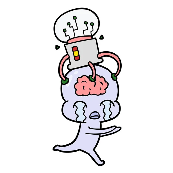 Cartoon Big Brain Alien Crying Brain Interface — Stock Vector