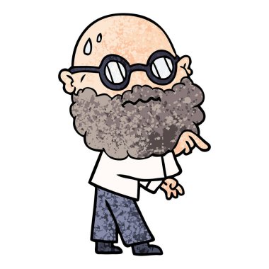 Sakal ve gözlük parmak işaret endişeli adam çizgi film