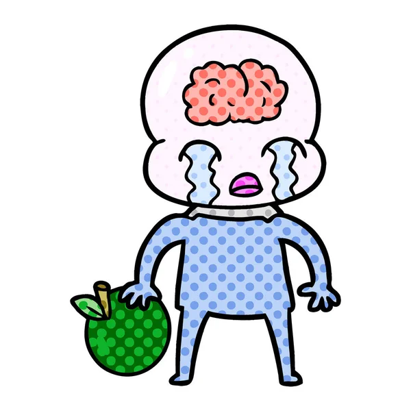 Cartoon Big Brain Alien Mit Apfel — Stockvektor