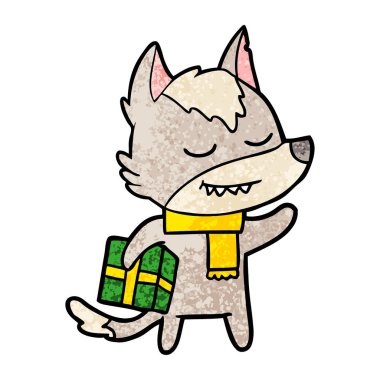 Noel hediyesi taşıyan dostu karikatür kurt