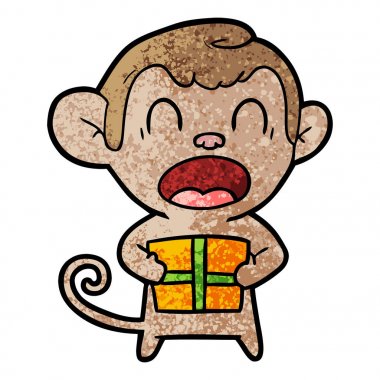 Noel hediyesi taşıyan karikatür maymun bağırarak