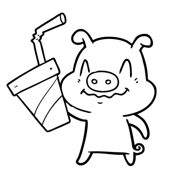 Cochon Dessin Animé Nerveux Avec Énorme Soda — Image vectorielle