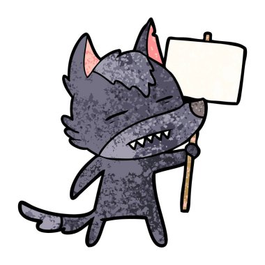 çizgi film kurt diş gösterilen işareti yazı ile