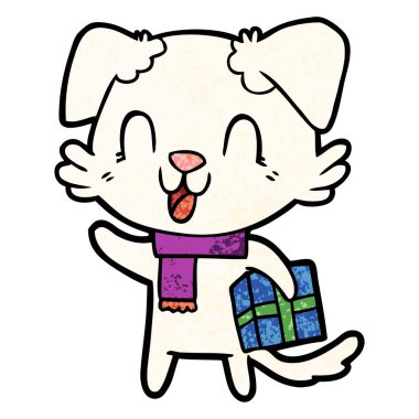 karikatür köpek Noel hediyesi ile gülüyor