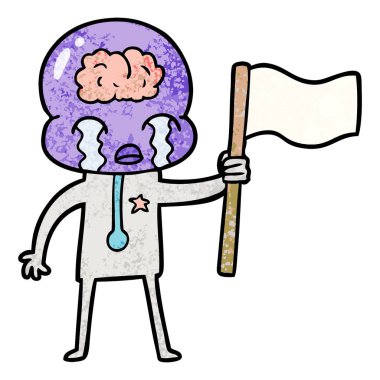 bir bayrak sallayarak ağlayan büyük beyin uzaylı karikatür