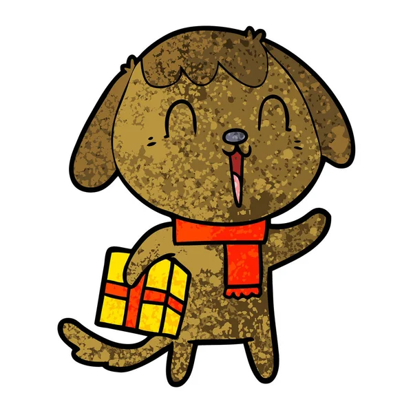 Roztomilý Kreslený Psa Vánoční Dárek — Stockový vektor