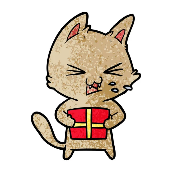 cartoon hissing cat with christmas present