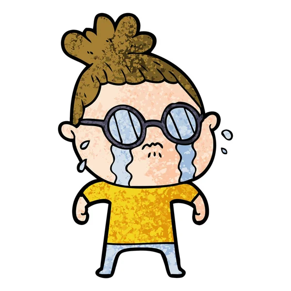 Dibujos Animados Llorando Mujer Usando Gafas — Vector de stock