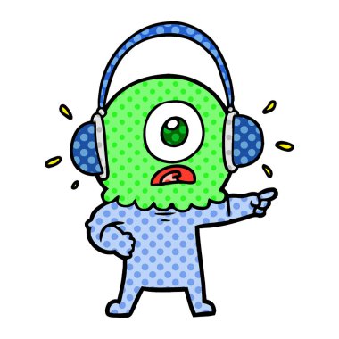 Tepegöz'ü yabancı uzay adamı giyen kulaklık işaret eden karikatür