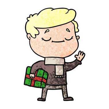 Noel hediyesi sallayarak taşıyan çizgi film adam