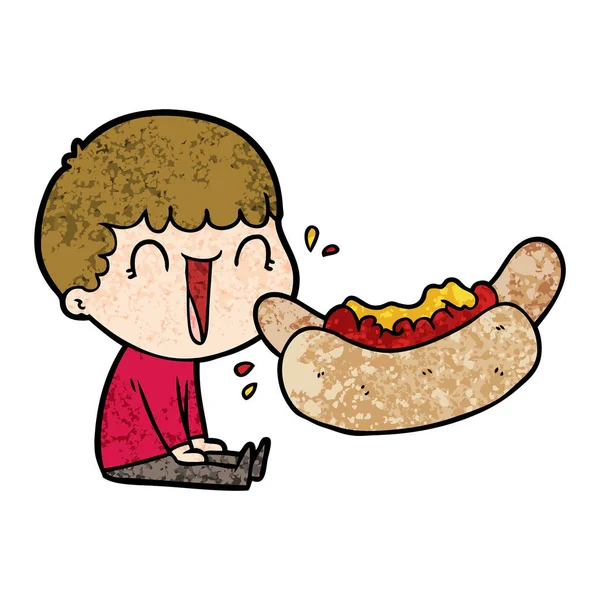 Lachender Cartoon Mann Isst Riesigen Hotdog — Stockvektor