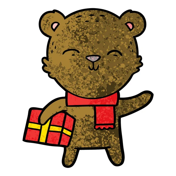 Happy Cartoon Bear Present — Stock Vector