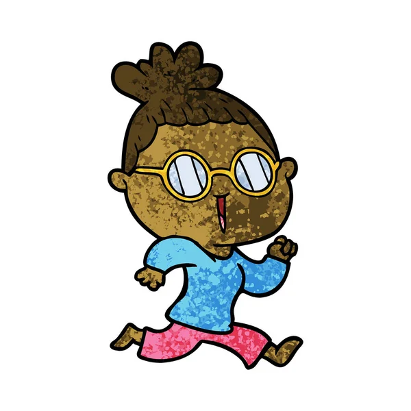 Dibujos Animados Corriendo Mujer Usando Gafas — Archivo Imágenes Vectoriales