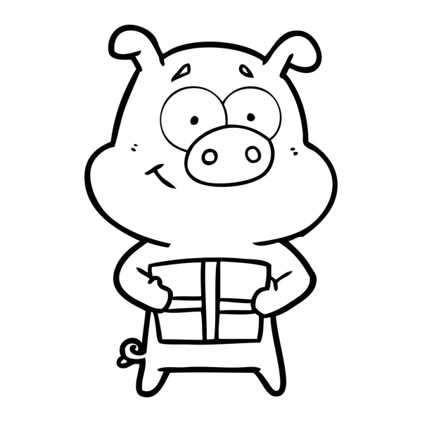 Happy Cartoon Pig Holding Christmas Present — Stock Vector