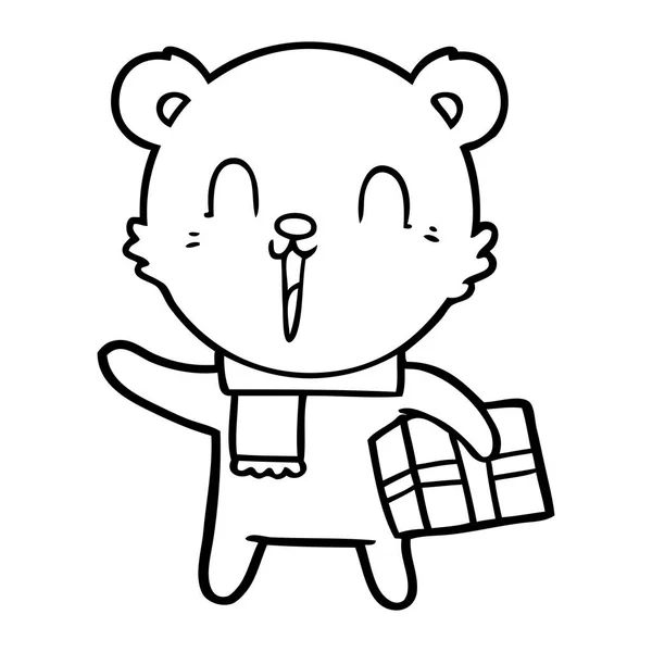 Urso Desenho Animado Feliz Com Presente — Vetor de Stock
