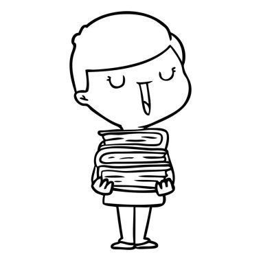 kitap yığını ile karikatür mutlu çocuk