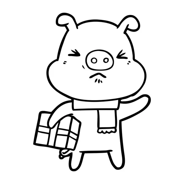 Karikatur Wütendes Schwein Mit Weihnachtsgeschenk — Stockvektor
