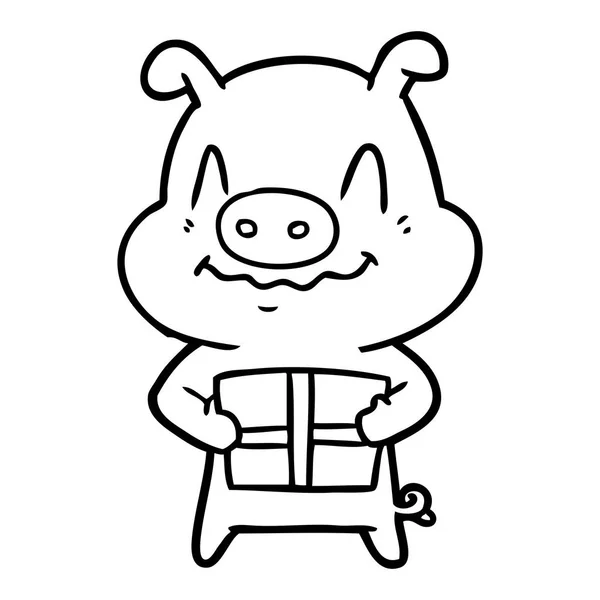 Cochon Dessin Animé Nerveux Avec Présent — Image vectorielle