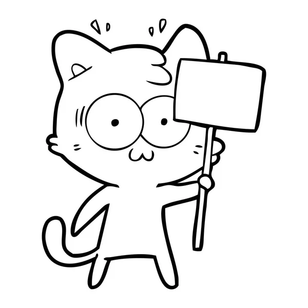 Dibujo Animado Sorprendido Gato Ondeando Signo — Vector de stock